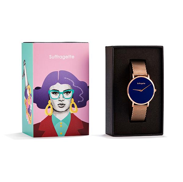 Womens Blue Watch - Rose Gold - Suffragette Pankhurst - in box