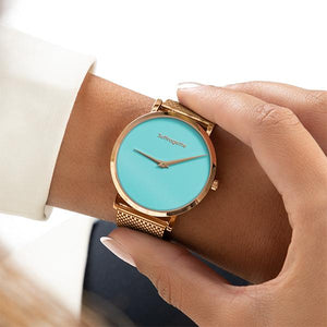 Womens Turquoise Watch - Rose Gold - Suffragette Pankhurst - On wrist