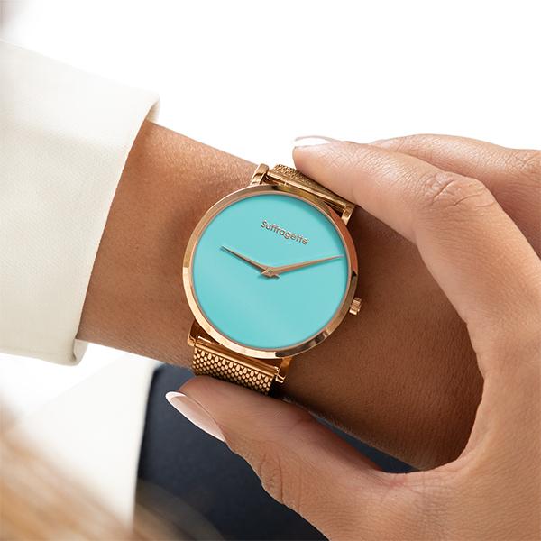 Womens Turquoise Watch - Rose Gold - Suffragette Pankhurst - On wrist