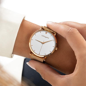 Womens White Watch - Rose Gold - Suffragette Kahlo - On wrist