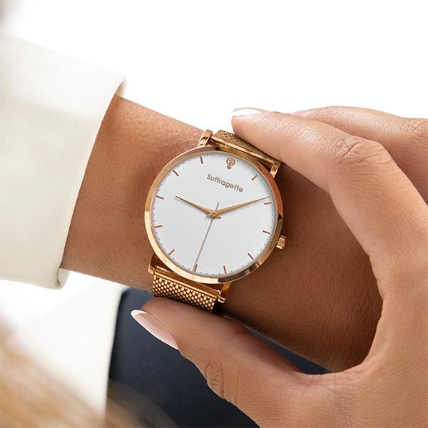 Womens White Watch - Rose Gold - Suffragette Kahlo - On wrist