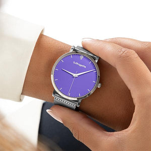 Womens Purple Watch - Silver - Suffragette Kahlo - on wrist