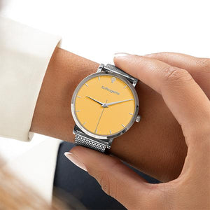 Womens Yellow Watch - Silver - Suffragette Kahlo - On wrist