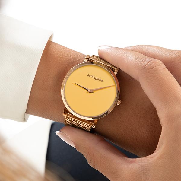 Womens Yellow Watch - Rose Gold - Suffragette Pankhurst - on wrist