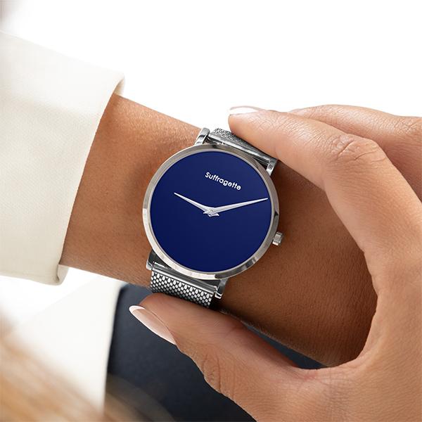 Womens Blue Watch - Silver - Suffragette Pankhurst - on wrist